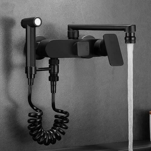 Black Kitchen Sink Faucet Solid Brass Hot & Cold Dual Handle With Spray Gun Wall Mounted Rotation Foldable Balcony Mop Pool Tap