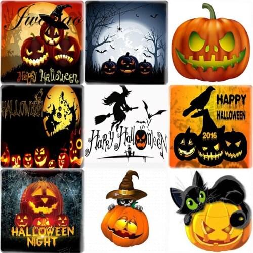 JWEIJIAO DIY Halloween Gift Pumpkin Devil Bat Art Clip Picture 12mm Square Shape Glass Cabochon Cameo Charms Settings