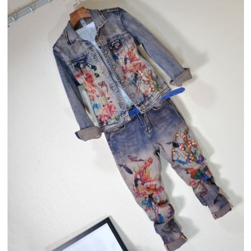 Slim Denim Jacket + Jeans Two Piece Sets Spring Autumn New Industrial Bead Printed Jeans Stretch Jean Set Ensemble Femme Outfits