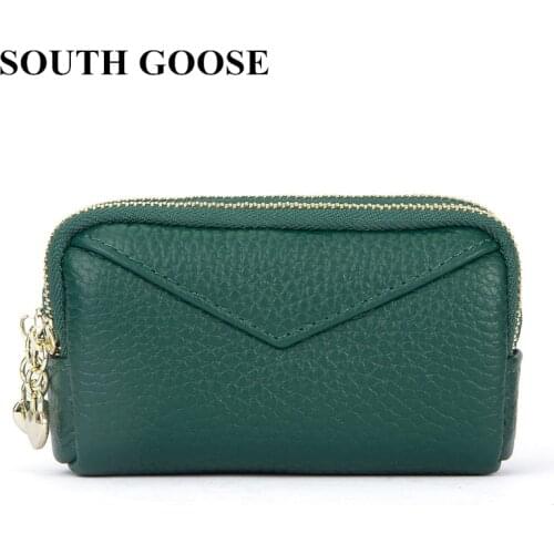 Fashion Women Coin Purse Genuine Leather Female Double Zipper Organizer Bag Storage Pouch Lady Candy Small Wallet with Key Ring