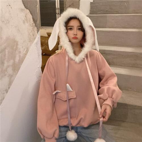 Sweet Girl Japanese Cute Lolita Girl Hoodie Harajuku Preppy Style Gentle Fairy Bunny Ears Hairy All-Match Kawaii Woman Pullover