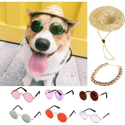 Fashion Trend Pet Cat And Dog Sunglasses Set Cat Toys Puppy Sunglasses Photos Props Pet Accessoires With Straw Hat And Necklace