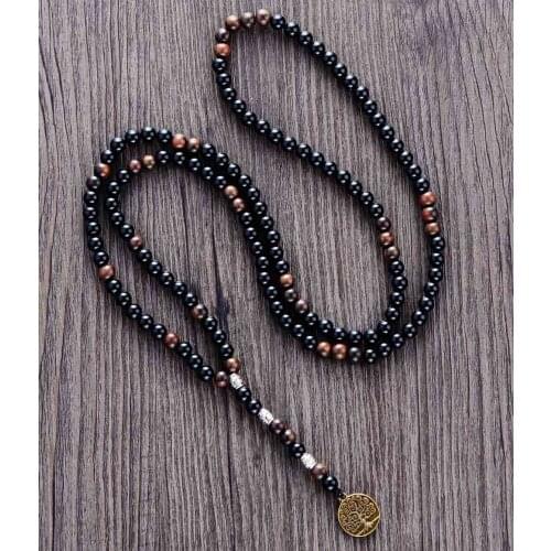 Men Necklace Steampunk 6MM Black Onyx Bronzite Vintage Pendant Cool Rosary Tree Necklaces Natural Stones Mens Jewelry Dropship