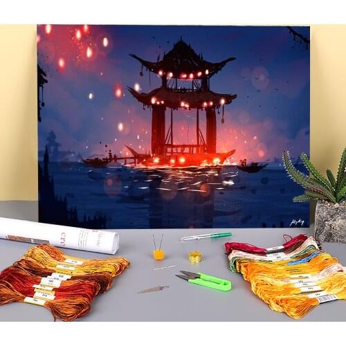 Scenery Red Lights Printed Fabric 11CT Cross-Stitch Set Embroidery DMC Threads Needlework Hobby Sewing Handmade Room Stamped