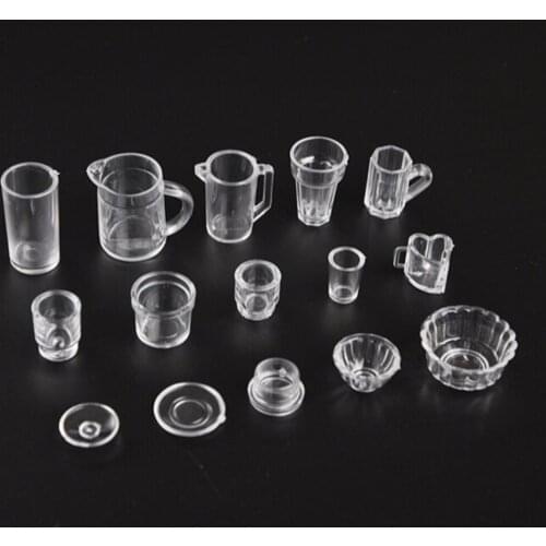 15Pcs/set Mini Dollhouse Cup Set Plastic Tableware Drink Wine Bottles Goblets Beer Plates Accessories Doll House Miniatures