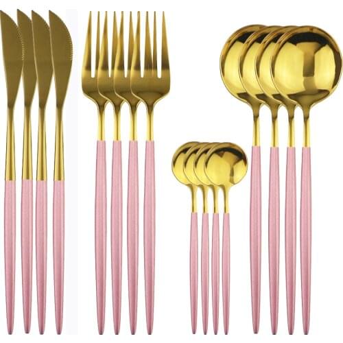 Tableware Accessories 16pcs Gold Cutlery Set Pink Dinnerware Set Stainless Steel Dinner Set Knife Fork Spoon Silverware Kitchen