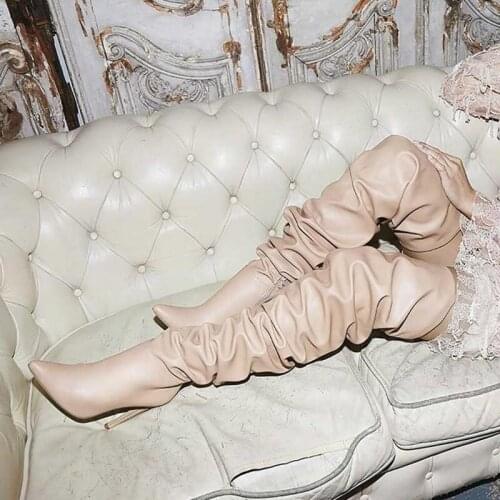 Sexy Beige Leather Pleated Tight High Boot High Heels Women Over The Knee Boots Zipper Round Toe Runway High Tall Boot Shoes