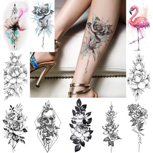 Sexy Rose Lotus Chain Temporary Tattoos For Women Fake Jewelry Chest Pendent Tattoo Sticker Watercolor Body Art Arm Leg Tatoos