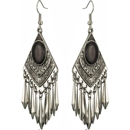 New black cats eye stone earrings for women Bohemia metal leaves leaf long tassel earring Boho vintage earing bijoux jewelry