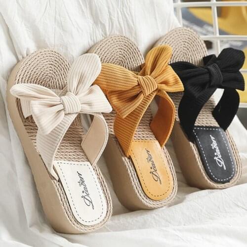Bow Slippers Summer Shoes For Women 2021 Non-Slip Casual Wedge Platform Thick Soles Outdoor Comfortable High Heel Beach Slippers