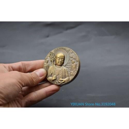 Tierra tallada de cobre sólido puro, pequeños ornamentos de la medalla de bronce del rey del Tíbet, estatua de bronce anti