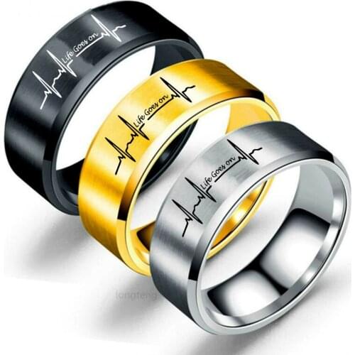 Inspirational Fashion Ring Life Goes on Heartbeat Finger Rings, Stainless Steel Jewelry Accessories for Men and Women Gift 8mm