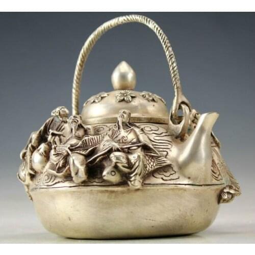 Oriental Vintage Handwork Copper Carved Immortal Teapot Garden Decoration 100% real Tibetan Silver Brass