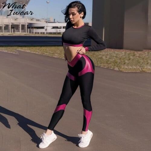 Whatiwear Patchwork Elastic High Waist Casual Women Two Pieces fitness Set Long Sleeve Top + Trousers outfit active tracksuit
