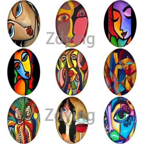 Zdying 10pcs Oval Shape Glass Cabochons African Traditional Womens Face Abstract Art Beads DIY Demo Flat Back Making Findings