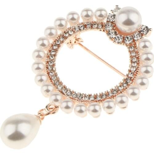 Women Fashion Crystal Rhinestone Pearls Hollow Round Circle gold color Pin Brooch