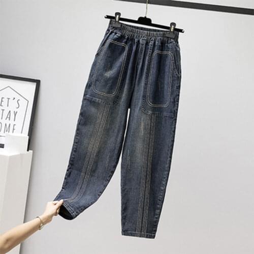 Spring Autumn New Arts Style Women Elastic Waist Loose Vintage Black Jeans Embroidery Cotton Denim Harem Pants Plus Size M663