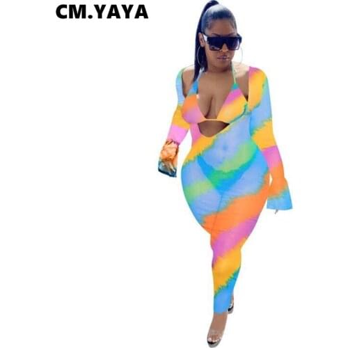 CM.YAYA Women Set Mesh Print Halter Bra Tops Full Flare Sleeve V-neck Bodycon Jumpsuit 2 Piece Set Sexy Beachwear Summer Outfits