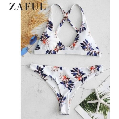 ZAFUL Plunge Neck Backless Padded Plunge Floral Print Women Bikini Set Vintage Female Swimwear Bathing Suit Swimsuit Biquini