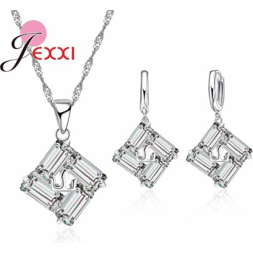 Austrian Clear Crystal Rhinestone Square Shape Woman Necklace Earring 925 Sterling Silver Shiny Silver Girlfriend Jewelry Sets