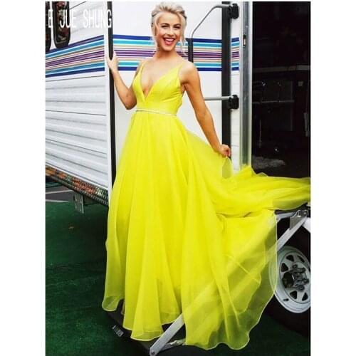 E JUE SHUNG Yellow A-line Evening Dress Deep V Neck Organza Formal Dresses Sexy Backless Prom Party Gowns Vestido De Festa