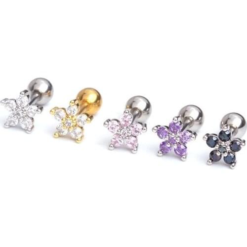 1Pc Black Pink Purple Flower Crystal CZ Stainless Steel Gold Silver Curved Bar Cartilage Helix Stud Piercing Body Jewelry Gift