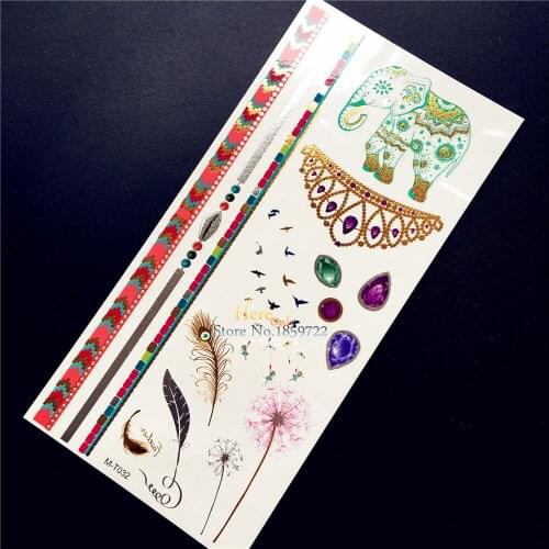 1PC New Gold Metallic Tattoo Elephant Gem Necklace Design Tempoary Tattoo Sticker Waterproof Dandelion Fairy Tatoo Arm Leg Jewel