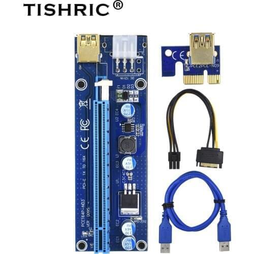 50pcs TISHRIC Golden gpu PCIE PCI-E Riser 009S card PCI E X16 PCI Express 6Pin to SATA 1X 16X USB3.0 Extender For Mining BTC ETH