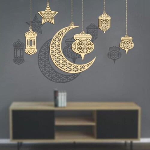 9pcs/8pcs/6pcs/5pcs Wooden Eid Mubarak Hanging Pendant Ornament Ramadan Kareem Gift Islam Muslim Home Table Decoration DIY Craft