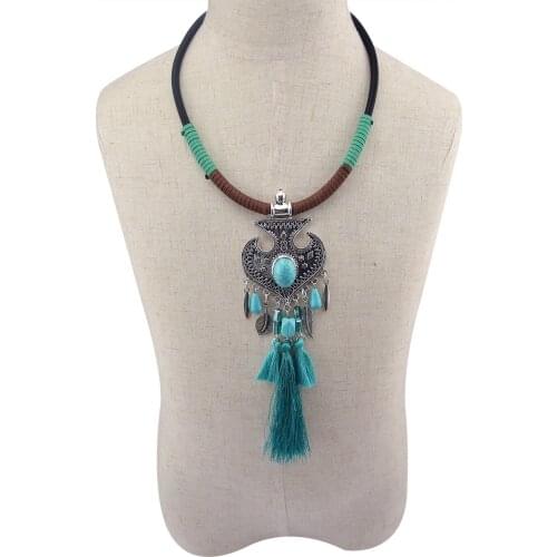 Bohemian Vintage Green Stone Long Tassel Choker Necklaces Leather Rope Leaves Necklace For Women Indian Gypsy Turkish Jewelry