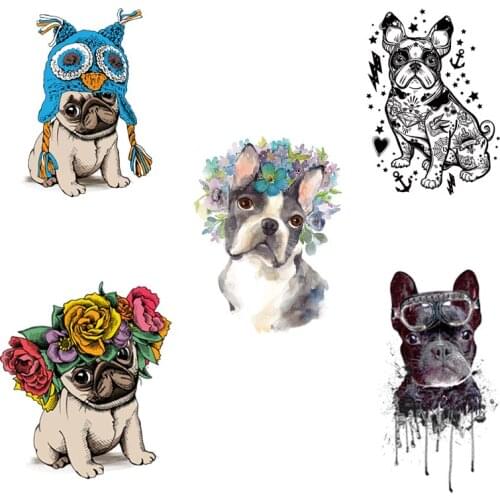 COSBILL 5 Pieces/ Lot Cute PUG Dog Patches Diy Iron On Transfers Sticker Clothes Decoration Washable T-shirt Hoodie Accessory