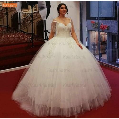 Elegant Beading Wedding Dress For Bride 2021 Vestidos De Noiva Glitter Tassel Ball Gown Bridal Dresses Lace Up Robe De Mariage