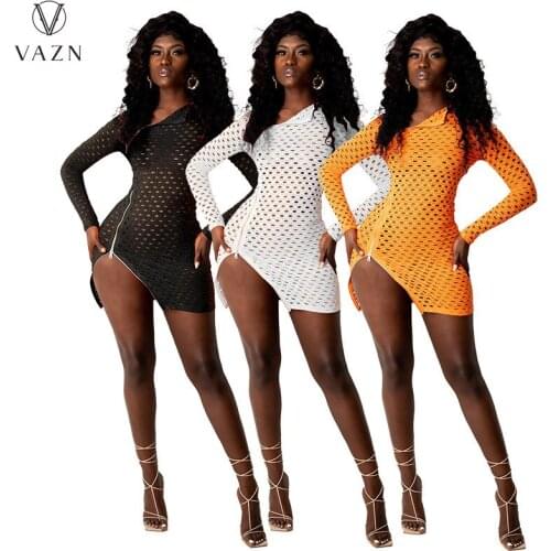 VAZN 2021 Fashion Hot Sale Women Street Girl Style Short Dresses Long Sleeve Lapel Dresses Zipper Mini Short Dresses