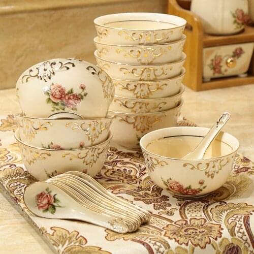 European-Style Ceramic Household Eating Rice Bowl Korean Bowl and Dish Spoon Cutlery Set Ivory Porcelain Golden Edge