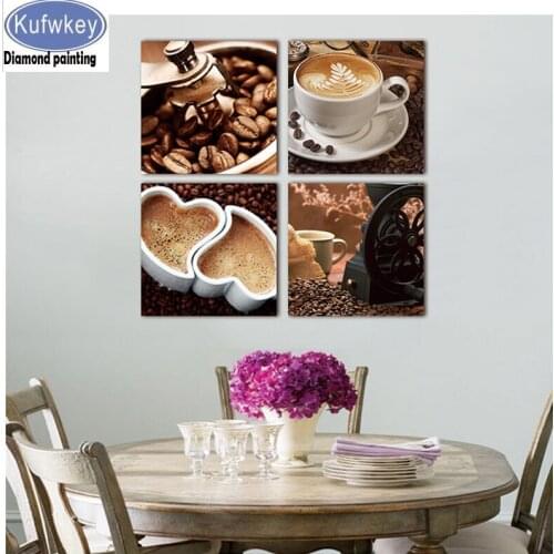 Coffee pictures for Kitchen decoration 4 Piece 5d Diamond Painting sale full square round resin Crystal diamond mosaic drill