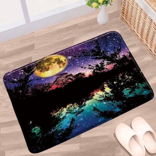 Cosmic Starry Sky Bathroom Mat Black Tree Moon Night Landscape Pattern Non-Slip Rugs Flannel Fabric Bath Kitchen Doorway Carpets