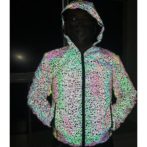 Cool Rainbow Reflective Light Men Jacket with Waterproof Zipper Dazzling Hip Hop Coat 2020 Spring Autumn Sport Jogger Running