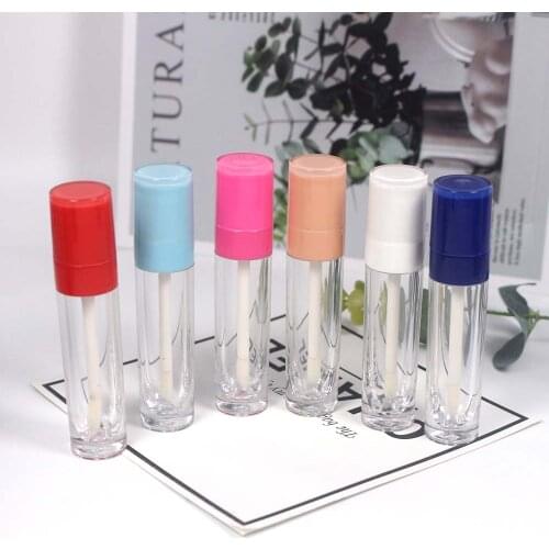10pcs Clear Plastic Thick Wall Lipgloss Tube Cosmetic Red Blue Lid Lip Gloss Packaging Container with White Brush Wand