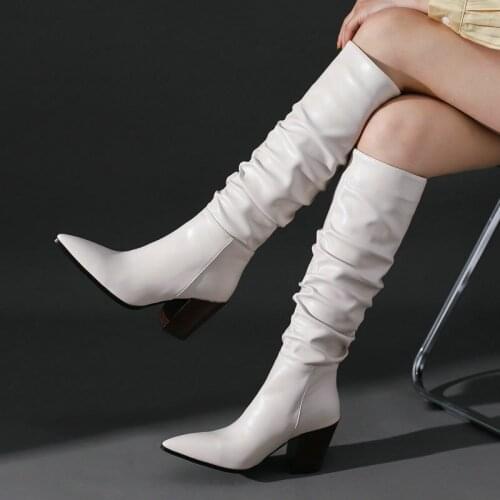 Ladies Pleated Knee High Boots Spring Autumn Slope Heel Knight Boots Simple Plush Lining Fashion Winter Slip On Womens Shoes