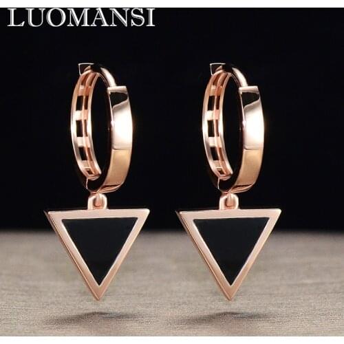 Luomansi Really 100%-18K Rose Gold 1.88g Triangle Black Agate Earrings with Certificate High Temperament Woman Jewelry Punk