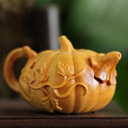 Wood Pumpkin Plant sculpture statue tea pot Retro wooden Ornament Kung Fu Tea Set Household Cup for decoration
