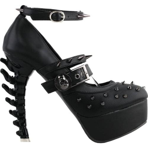 LF80698 SHOW STORY Punk Black Spike Strappy Buckle Mary-Jane Gladiator Platform Bone Heels Pumps