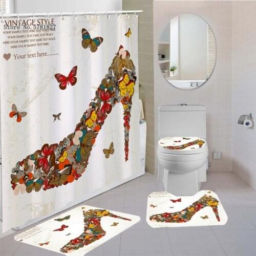 High Heel Bath Curtain Cartoon Colorful Makeup Shower Curtains Set For Kids Adult Pedestal Rug Toilet Mat Set Shower Curtain Set