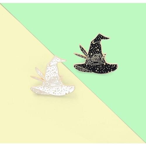 Witch Hat Brooches for Women Black White Wizard Enamel Pin Bag Clothes Lapel Pin Badge Punk Gothic Jewelry Gift 2021 Wholesale