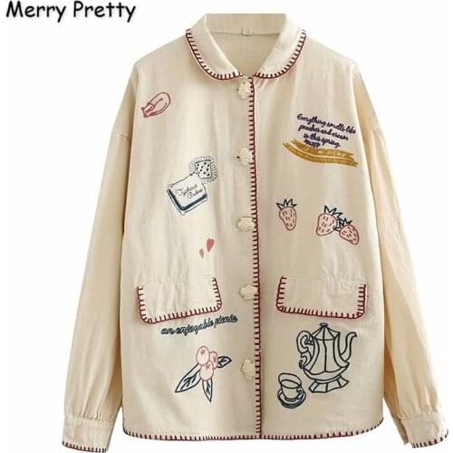 Merry Pretty Women Autumn Winter Jacket And Coat Cartoon Embroidery Pockets Basic Jackets Boys Girls Long Sleeve Turndown Jacket