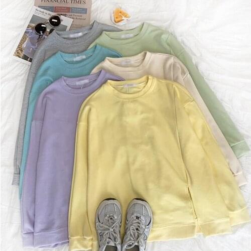 2021 Autumn New Hoodies Women Split design Casual Sweatshirt Long Sleeve O-Neck Solid color Basic Pullover Sweatshirt