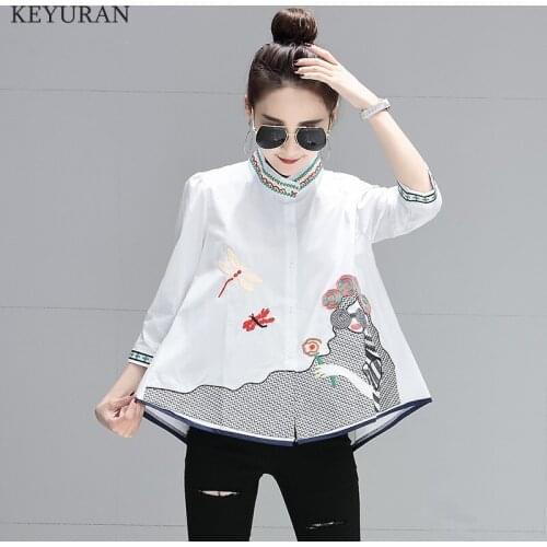 Spirng Summer Fashion Dragonfly Girl Cartoon Embroidery Shirts Women New Streetwear Plus size Tops Babydoll Irregular Blouses