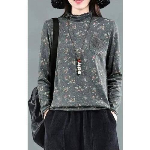 Spring Autumn New Arts Style Women Long Sleeve Loose Tee Shirt Femme Cotton Tops Vintage Print Turtleneck Casual T Shirt