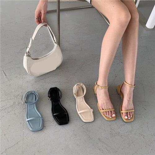 Fashion Womens Shoes 2021 Open Toe Female Sandal Buckle Mid-Calf Strap Med Block Heels Luxury Peep Girls Beige Medium Chunky Gla