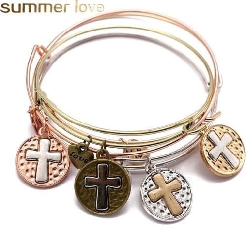 Fashion Latin Cross Pendant Love Heart Bracelet Adjustable Expandable Wire Bangles for Women Gold Rose Gold Charm Jewelry